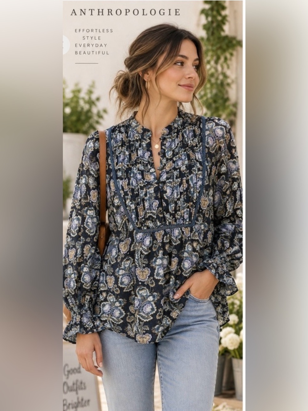 Anthropologie Boho Peasant Blue Floral Print Long Balloon Sleeve Popover Top 1X